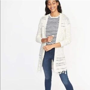 Old Navy Pointelle Fringed-Hem Open-Front Cardigan Sweater